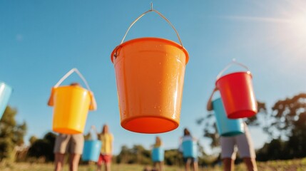Vibrant Environmental Volunteers with Colorful Buckets Community Water Conservation Imagery for Sustainable Campaigns and Eco-Friendly Educational Content