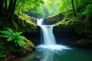 Obraz premium A tranquil waterfall cascades through ferns and moss, , foliage, bamboo