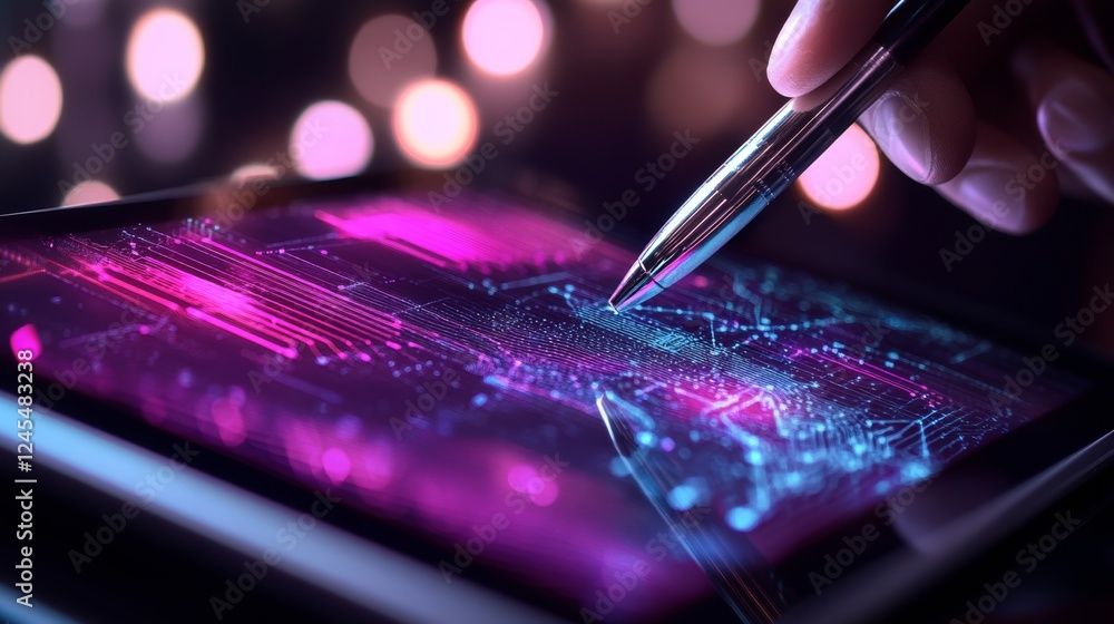Aufkleber Futuristic Digital Finance Display Transparent Tablet with Holographic Charts and Digital Wallets on Reflective Surface - Fintech Innovation and Blockchain Solutions for Modern Businesses