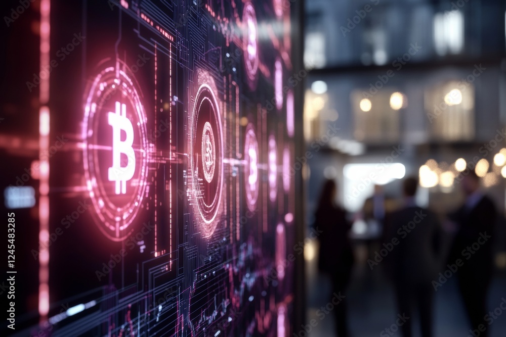 Poster neon-tech financial hub diverse professionals in futuristic office with digital currency display - m
