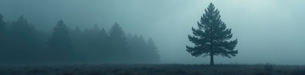 A solitary pine tree against a darkened and misty background with soft gray colors, haunting, solo, forest