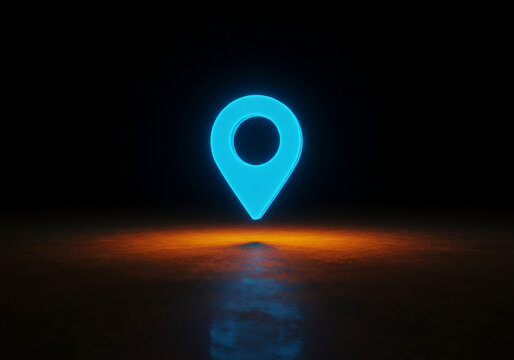 A luminous blue digital map pin floats above a sleek background, hinting at navigation and location in a modern, minimalistic style