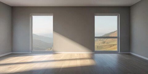 Fototapeta premium Minimalist interior with large windows showcasing mountain view in bright atmosphere