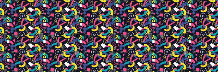 Seamless pattern with geometric shapes in the style. Multicolored vintage background with triangles, circles and squares for textile, fabric and Sudanese fabric art.