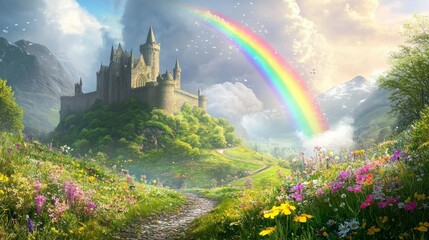 Captivating scenic view of an irish castle surrounded by blooming wildflowers and a vibrant rainbow in lush landscape