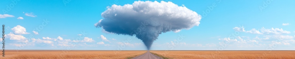 Poster dramatic tornado imposing funnel cloud over open rural road - captivating weather phenomenon documen
