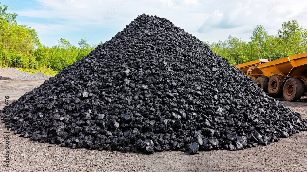 Poster large pile of coal at a mining site with machinery and greenery in the background