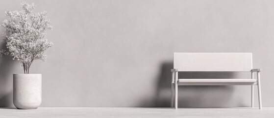 Minimalist indoor space featuring a bench and a potted plant against a neutral wall