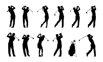 golfer silhouette, dynamic poses of golfers showcasing various swings, perfect for sports design, event promotion, and instructional content. Clear depiction of movement, technique, golfing prowess