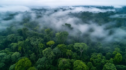 Lush green forest canopy shrouded in mist, tranquil nature scene with vibrant foliage, perfect for promoting eco-tourism.