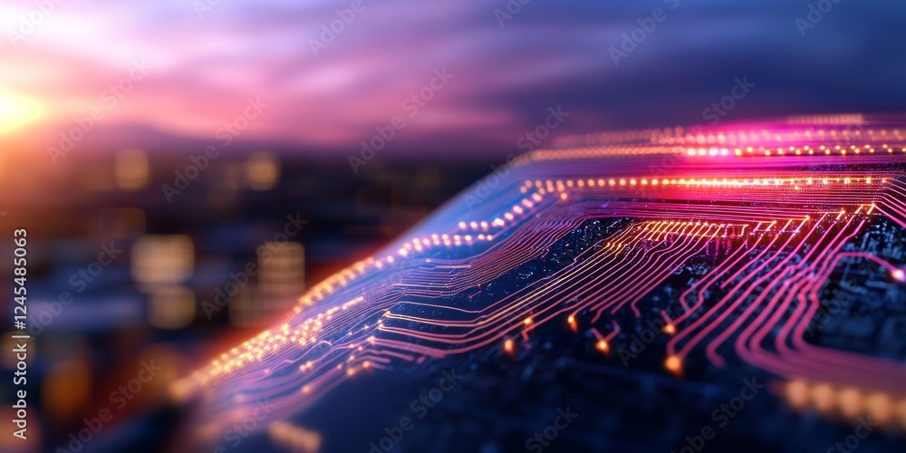 Poster Futuristic Circuit Board Glowing Network Paths on Digital Surface - Tech Content and IoT Innovation for Modern Smart Home Integration