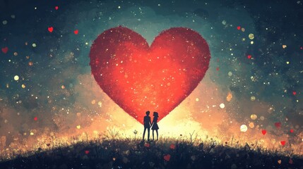 Romantic moment, couple with a big red heart in valentine - Valentine's Day Concept.