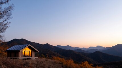 Fototapeta premium Serene Eco Cabin Retreat Sustainable Glamping in South Korean Mountains with Solar-Powered Wooden Design for Nature-Inspired Wellness Getaways and Green Tourism Experiences