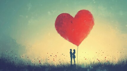 Romantic moment, couple with a big red heart in valentine - Valentine's Day Concept.