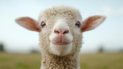 Naklejka premium Cute lamb close-up, farm pasture background, spring