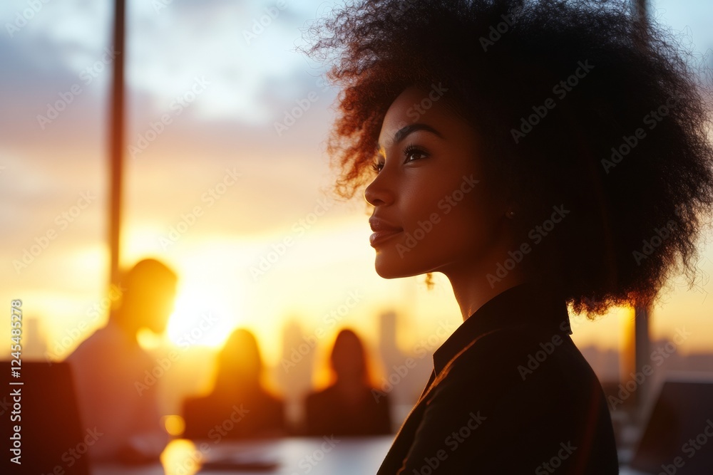 Poster sunlit office scene african descent woman leading inclusive presentation with natural elements - mod
