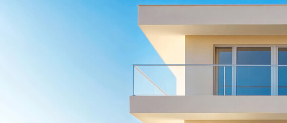 Modern architectural design featuring a balcony and clear blue sky in a residential area