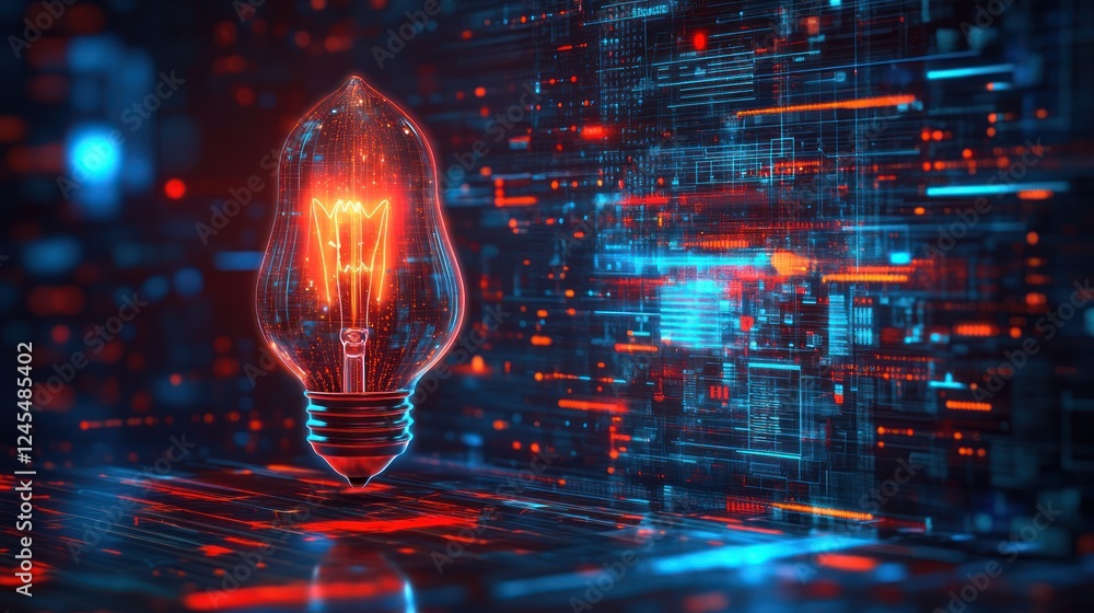 Poster glowing lightbulb against digital data stream background.