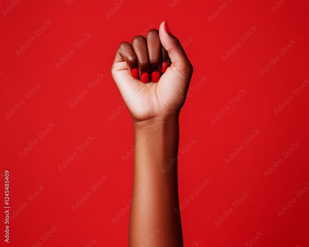 Poster vibrant diversity display varied skin tones in raised hands on red background - impactful unity cont