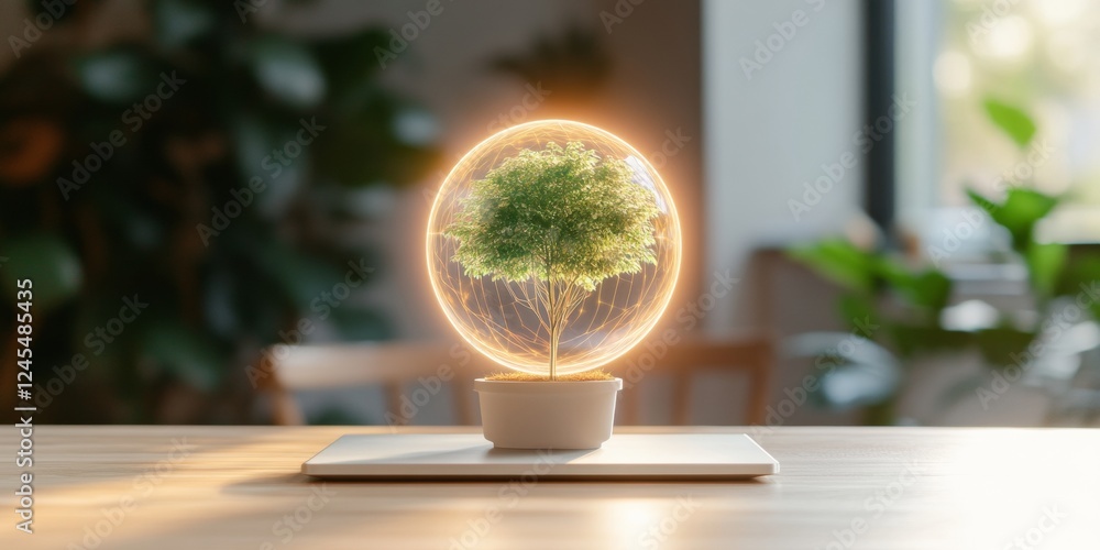 Aufkleber holographic eco plant globe interactive led biophilic display on oak desk innovation in office desig