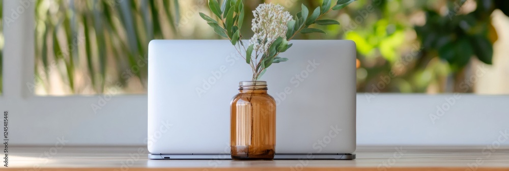 Aufkleber Scandinavian Workspace Vibes Minimalist Desk with Neutral Tones and Greenery - Enhancing Productivity in Modern Offices and Digital Workflows