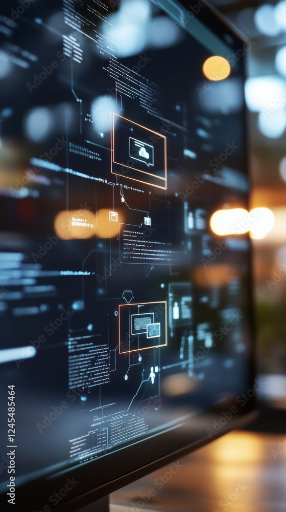 Aufkleber Futuristic Digital Workflow Display Interactive Graph of Automated Business Processes on LED Screen - Efficiency in Modern Office Tech Solutions