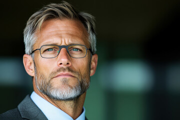 Fototapeta premium A man with glasses and a beard is standing in front of a wall