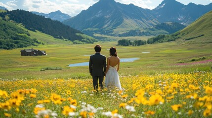Fototapeta premium Couple in wedding attire stands in a field of wildflowers, overlooking mountains and a lake.