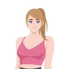Woman with a ponytail wearing a pink crop top. Confident Woman in Activewear. Flat vector character illustration