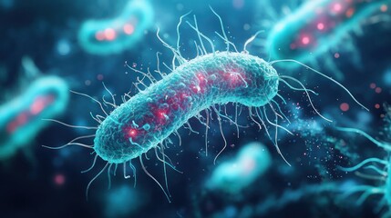 Obraz premium Microscopic view of bacteria with numerous flagella.
