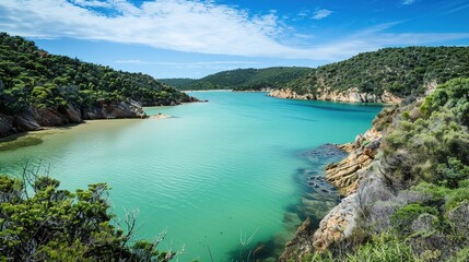 A captivating scenic coastal lagoon embraced by lush green cliffs and filled with crystal clear water. The lagoon presents a harmonious blend of natural beauty, with the verdant cliffs and transparent