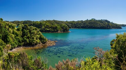 A captivating scenic coastal lagoon embraced by lush green cliffs and filled with crystal clear water. The lagoon presents a harmonious blend of natural beauty, with the verdant cliffs and transparent