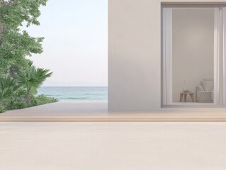 Serene coastal view of modern architecture and lush greenery in a tranquil setting
