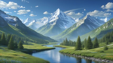 Fototapeta premium Realistic Mountain Landscape with Clear Blue Sky