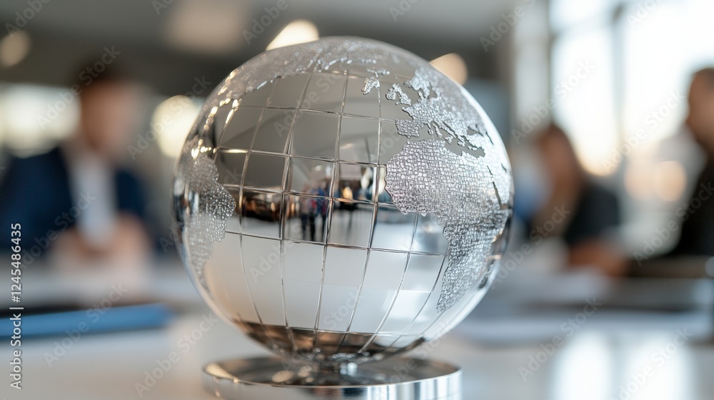 Poster Global Chrome Elegance Diverse Team Collaboration with a Modern Globe for Business Innovation and Cross-Cultural Networking in Professional Spaces