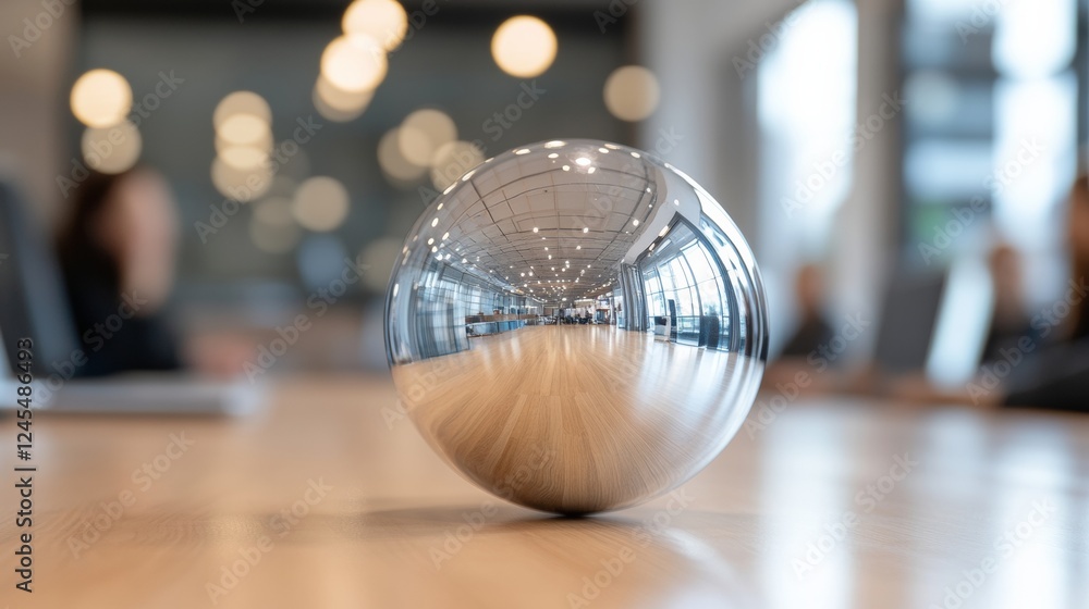 Poster chromatic international collaboration reflective chrome sphere in urban office - diversity showcase 