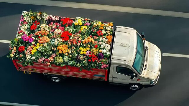 Vibrant floral truck journey: aerial view of flower cargo in motion on a sunny highway
