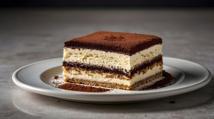 Tiramisu cake on white plate with cocoa powder. Perfect for food blogs, restaurant menus, dessert recipes, and promotional materials