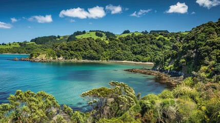 A captivating scenic coastal lagoon embraced by lush green cliffs and filled with crystal clear water. The lagoon presents a harmonious blend of natural beauty, with the verdant cliffs and transparent