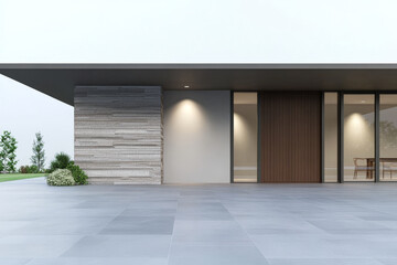 Modern architectural design showcasing a sleek entrance with natural landscaping in daylight