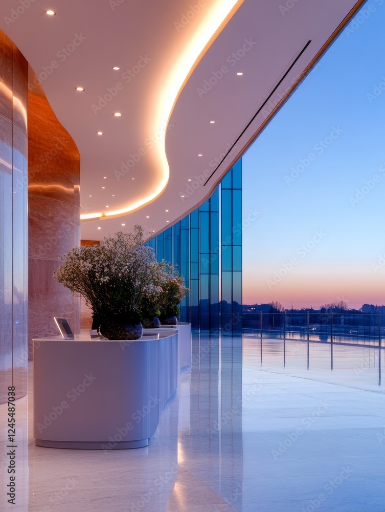 Poster Modern Glass Conference Hall Streamlined Curved Architecture with Natural Light and Tech Integration - Ideal for Multinational Events and Sustainable Business Innovation