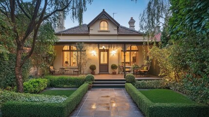 Victorian Era House Evening Exterior, Landscaped Garden
