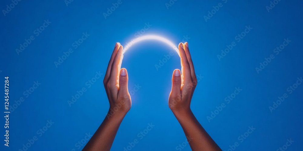 Fototapete modern collective energy digital fusion hands enclosing light halo, seamless collaboration in tech i