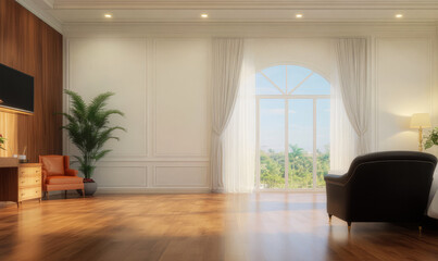 Fototapeta premium Spacious living area with elegant decor and natural light during daytime hours