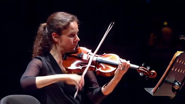 A woman playing the violin in a concert. Concept of focus and concentration as the woman skillfully plays the instrument