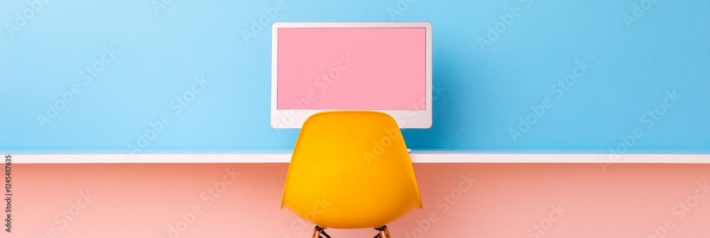 Aufkleber vibrant modern workspace minimalist pink and blue desktop setup with yellow chair - inspiring tech e