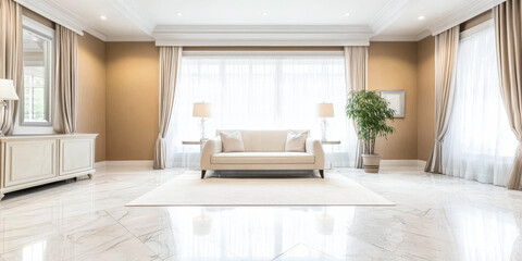 Elegant living room with natural light and modern decor in upscale home