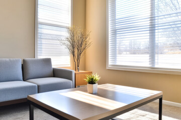Cozy living room with natural light and minimalist decor in a bright setting