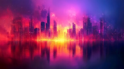 Fiery Cityscape: A Futuristic Metropolis at Sunset, Reflected in Still Waters. A Digital Art Masterpiece.