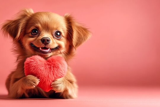 Cute pooch with fluffy red heart - sign of love, funny greeting card. Digital ads visual idea. - my treasured dog. Cute dog photos. Love and joy with pets. Pet valentine's day. Love and ca.